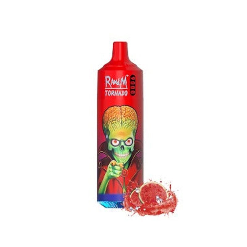 Bottle of  RandM Tornado 9000 puffs of Red colour adorned with a cheerful cartoon character, designed to attract attention and delight consumers.