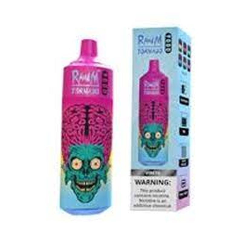 Bottle of  RandM Tornado 9000 puffs of Pink colour with Box adorned with a cheerful cartoon character, designed to attract attention and delight consumers.