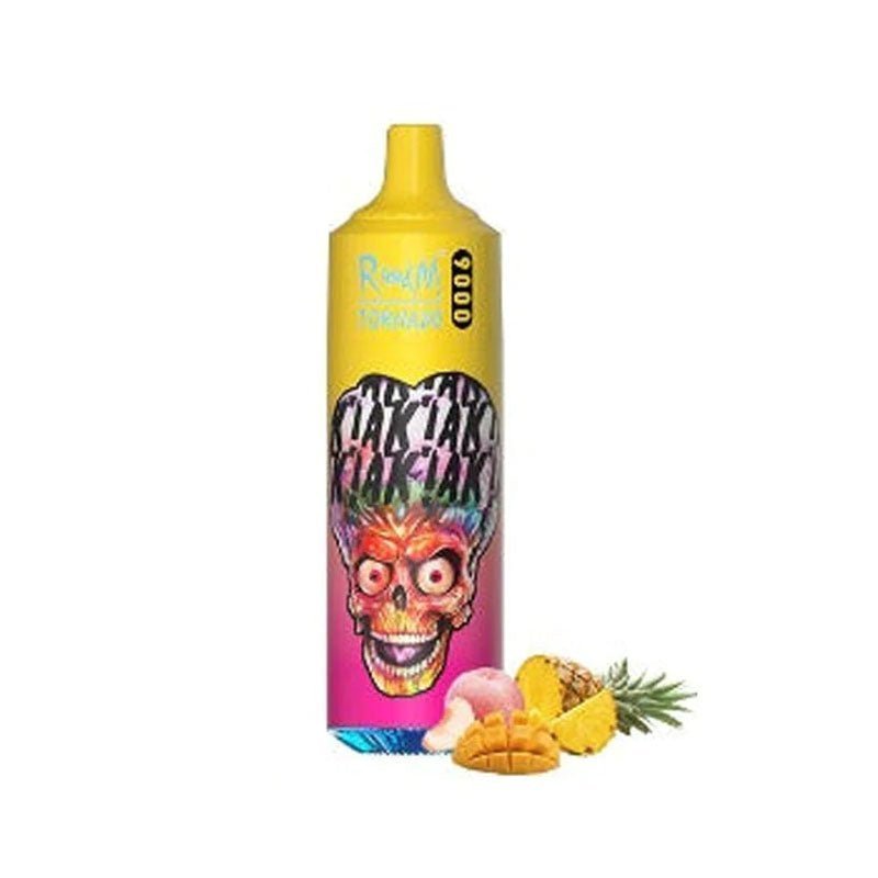 Bottle of  RandM Tornado 9000 puffs of Yellow + pink colour adorned with a cheerful cartoon character, designed to attract attention and delight consumers.