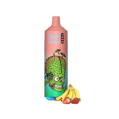 Bottle of  RandM Tornado 9000 puffs of pink+green colour adorned with a cheerful cartoon character, designed to attract attention and delight consumers.