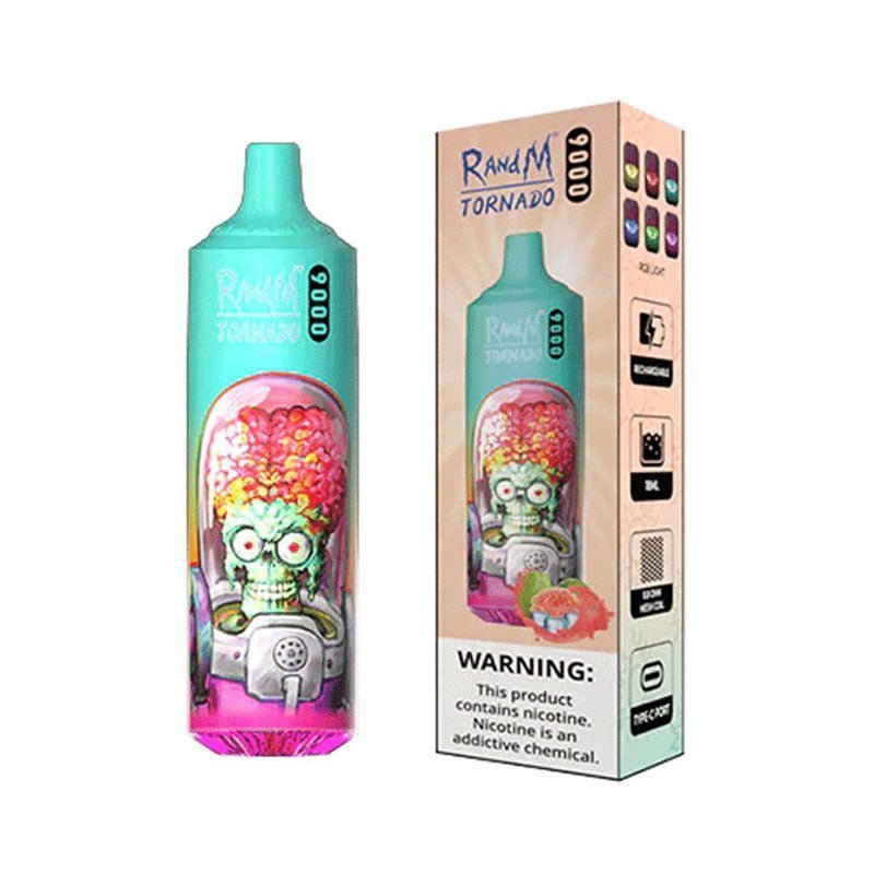 Bottle of  RandM Tornado 9000 puffs of blue colour adorned with a cheerful cartoon character, designed to attract attention and delight consumers.