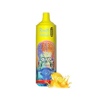 Bottle of  RandM Tornado 9000 puffs of Yellow colour adorned with a cheerful cartoon character, designed to attract attention and delight consumers.