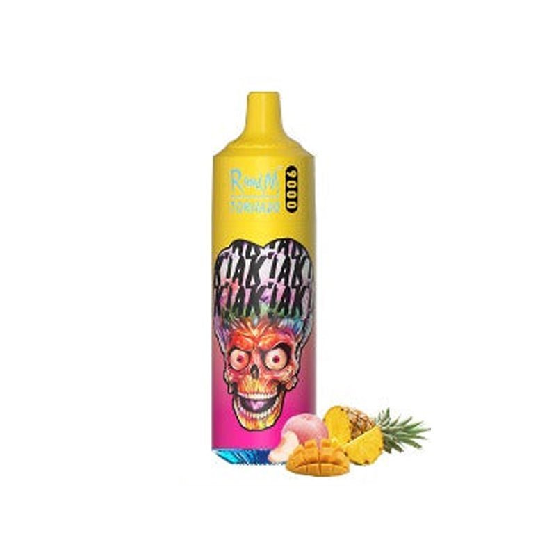 Bottle of  RandM Tornado 9000 puffs of Yellow colour adorned with a cheerful cartoon character, designed to attract attention and delight consumers.