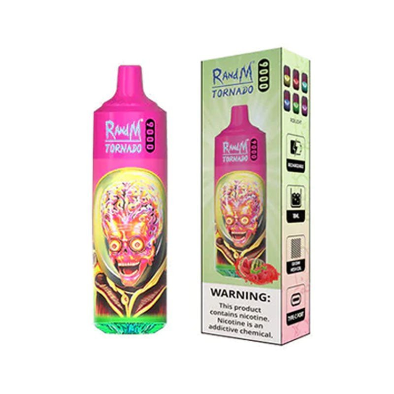 Bottle of  RandM Tornado 9000 puffs of pink colour adorned with a cheerful cartoon character, designed to attract attention and delight consumers.