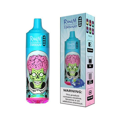 Bottle of  RandM Tornado 9000 puffs of Blue colour adorned with a cheerful cartoon character, designed to attract attention and delight consumers.