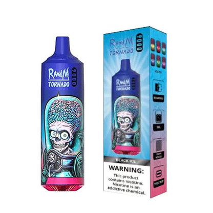 Bottle of  RandM Tornado 9000 puffs of Blue colour with Box adorned with a cheerful cartoon character, designed to attract attention and delight consumers.