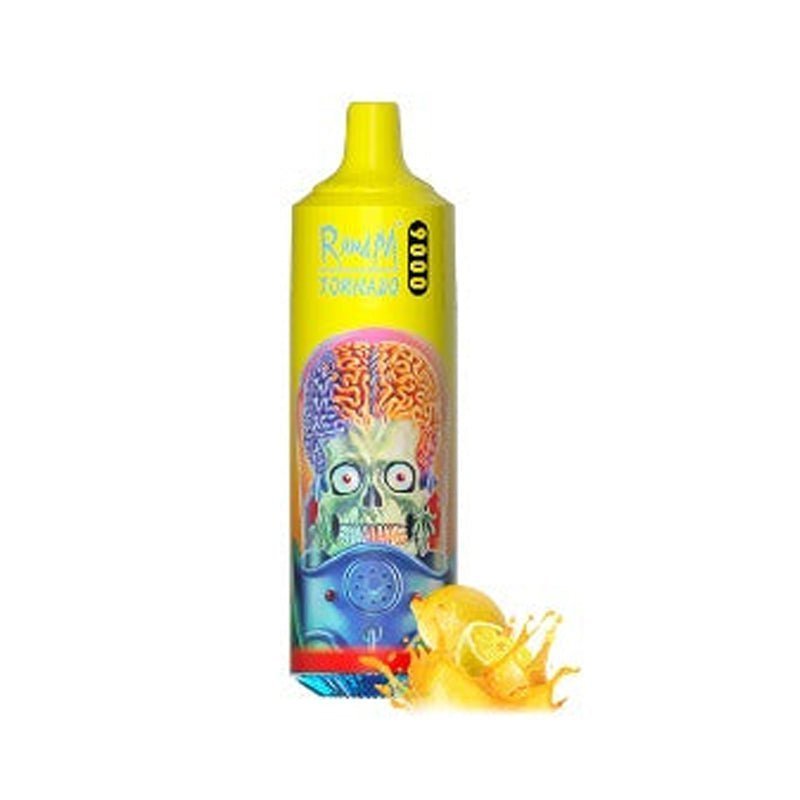 A Yellow bottle of RandM Tonado 9000  puffs Vape adorned with a cheerful cartoon character, designed to attract attention and delight consumers.